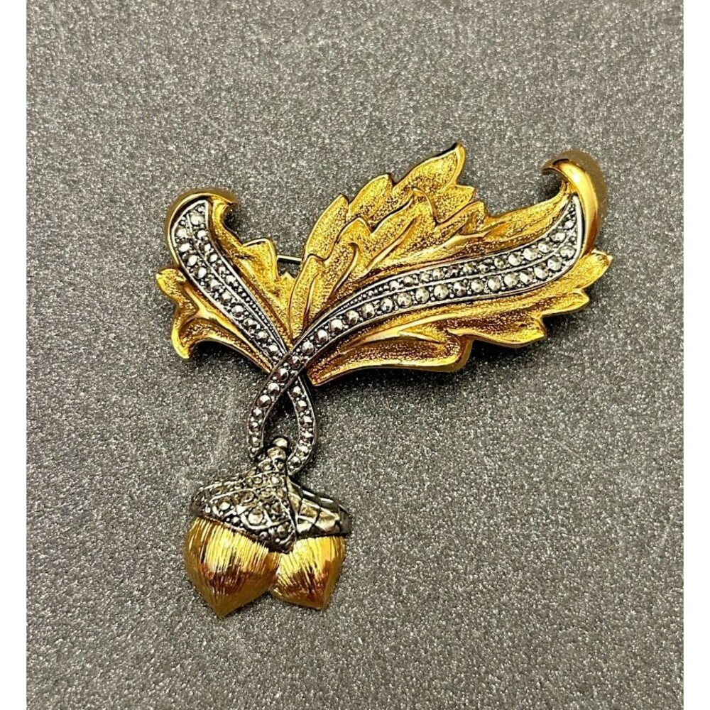 Vintage AVON Acorn & Oak Autumn Leaf Gold & Silver Tone Brooch EXCELLENT  +🎁